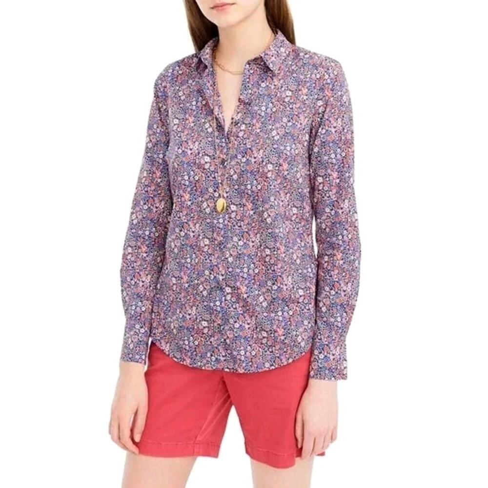 J Crew Liberty Fabrics Floral Print Kayoko Indigo Button Shirt | Red Blue | SZ 4
